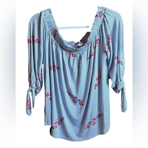 Olive & Oak Light Blue Stripe Floral Off the Shoulder Tie Medium Blouse NWT - Picture 2 of 7